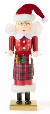Wooden Nutcracker, 14", WHITE MRS. CLAUS IN PLAID APRON W/CHRISTMAS ITEMS, BLK